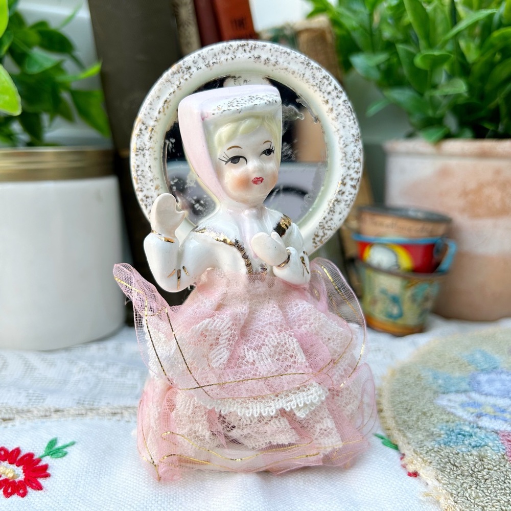 Vintage Herbary Gardens Sachet Doll by Andre Richard Girl Pink Dress Mirror